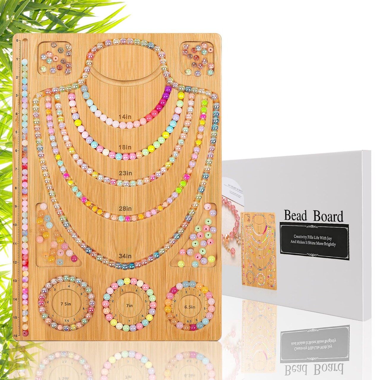 Wooden Bead Boards for Jewelry Making with Box, 16.9 x 11.4” Bamboo Beading Board for Bracelet Necklaces Making, Beginners Bead Design Board Measuring Beads Tray